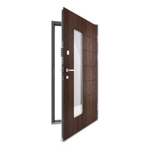 Vienvėrės lauko durys su stiklu, LSC T Raudonmedžio spalvos, su dviem užraktais, 980x2080 mm, dešinė