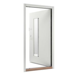 Vienvėrės lauko durys DELTA, Raudonmedžio spalvos, su patraukimo rankena ir stiklu, 1000x2100, kairinės