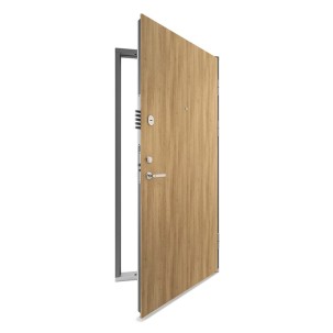 Vienvėrės buto durys, LYDER  Šviesaus ąžuolo spalvos, saugios su dviem užraktais, 860x2050 mm, dešinė